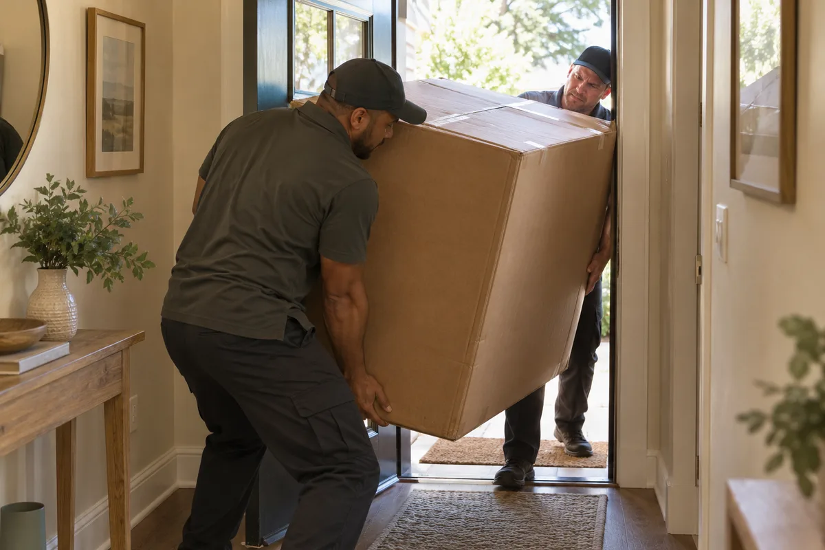 Two delivery workers carrying a large massage chair box that is stuck in a front doorway