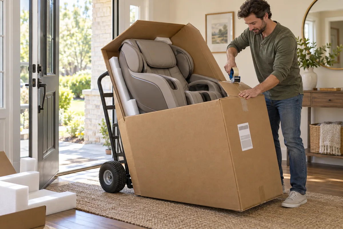A man taping a massage chair back into its oversized shipping box on a hand truck by the front door