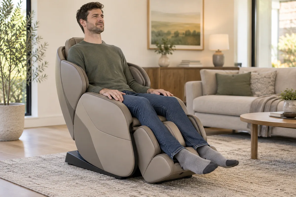 A tall man in a massage chair that is too short for him, his head above the backrest and his feet past the foot rest